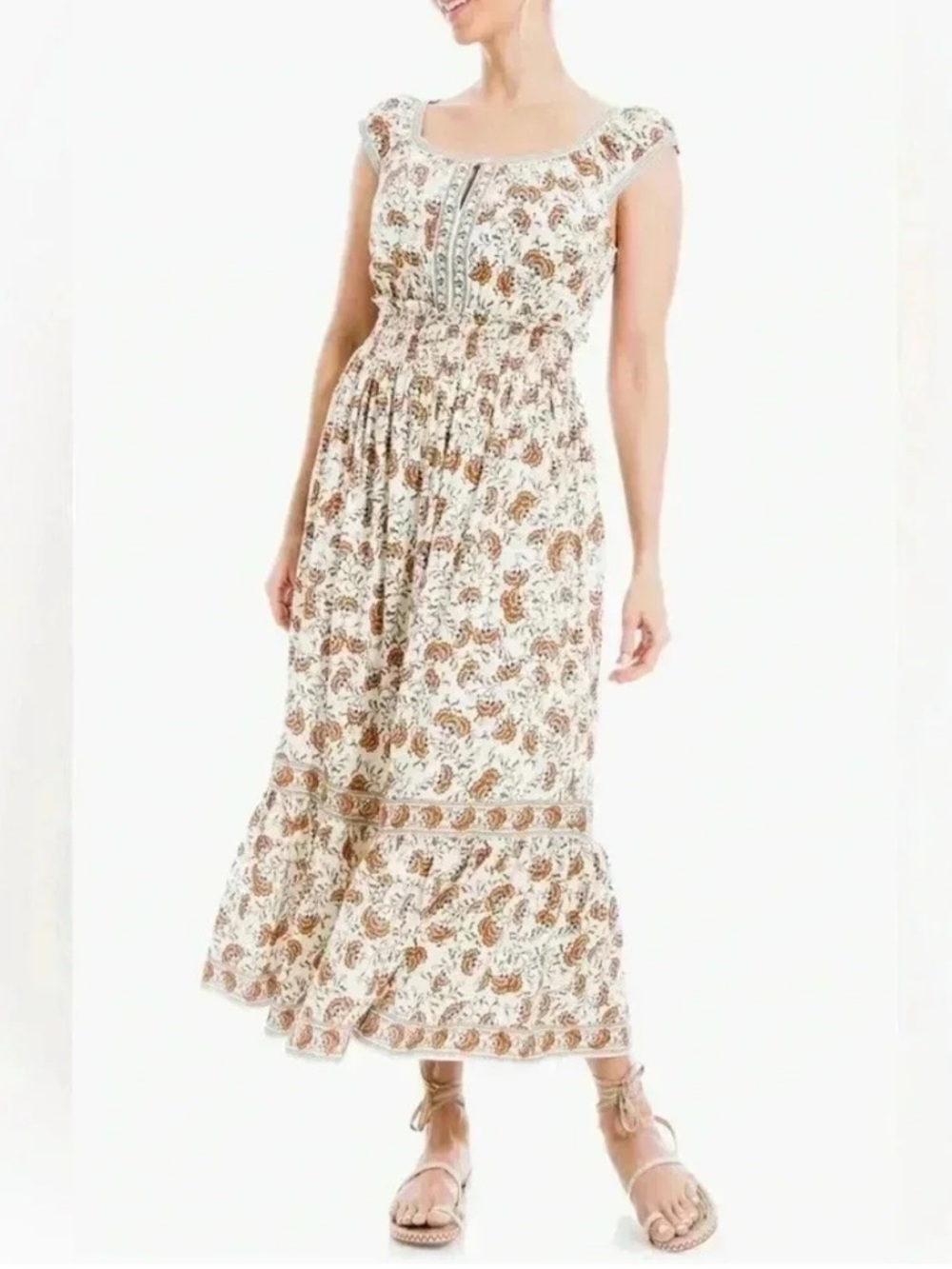 Max Studio Floral Print Dress with Split Neckline and Smoked Waist NWT